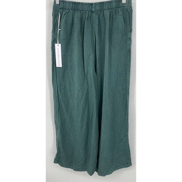Young Fabulous Broke Wide Green Linen Pants Slits Stretch Waist Size Medium New - Picture 4 of 11
